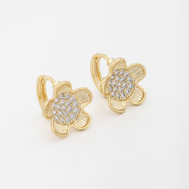 AC-0801 -BRINCO BANHADO A OURO 18K DE FLOR COM DETALHES CRAVEJADOS EM ZIRCÔNIAS