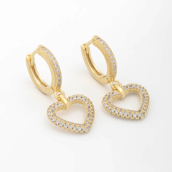 AC-0804 BRINCO BANHADO A OURO 18K DE ARGOLA COM PINGENTE DE CORAÇÃO CRAVEJADO EM ZIRCÔNIAS