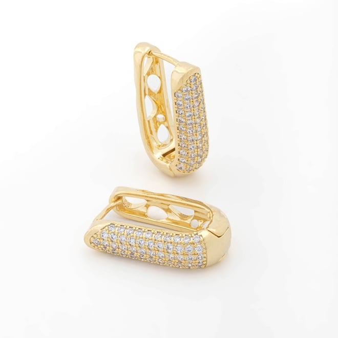 AC-0833 BRINCO BANHADO A OURO 18K DE ARGOLA RETANGULAR ARREDONDADO CRAVEJADA EM ZIRCÔNIAS
