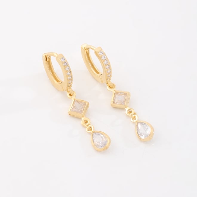AC-1057 ARGOLA BANHADO A OURO 18K EM ZIRCÔNIAS, DETALHE GEOMÉTRICO E GOTA