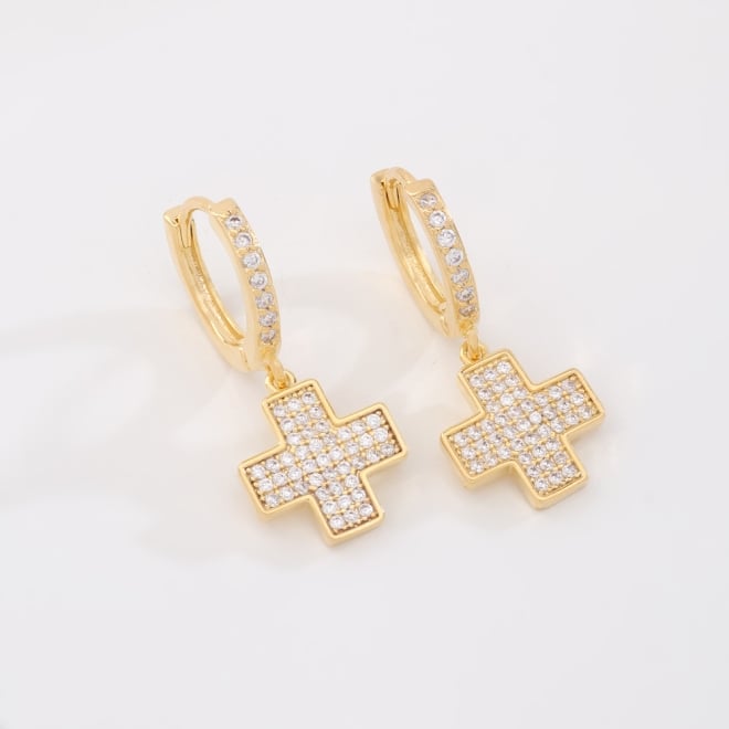 AC-1060 ARGOLA BANHADO A OURO 18K COM DETALHES EM ZIRCÔNIAS E PINGENTE DE CRUZ