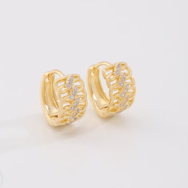 AC-1069 BRINCO BANHADO A OURO 18K DE ARGOLA ENTRELAÇADO CRAVEJADOS EM ZIRCÔNIAS