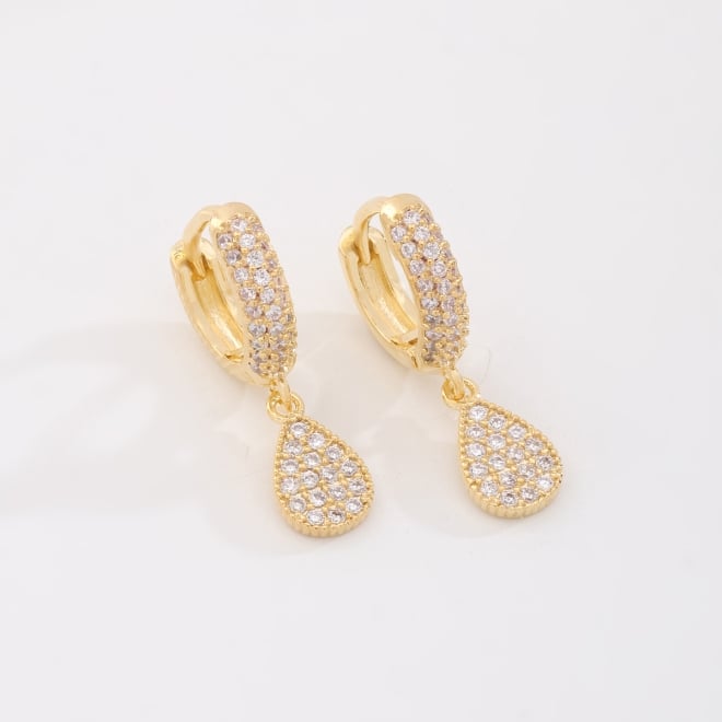 AC-1099-BRINCO ARGOLA BANHADO A OURO 18K COM PINGENTE EM GOTA CRAVEJADO