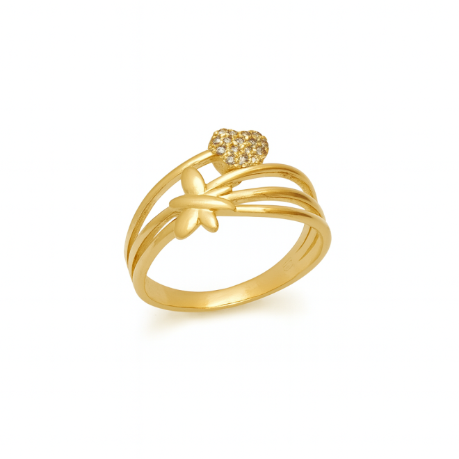 AN-00616 ANEL BANHADO A OURO 18K COM DESIGN DE BORBOLETA E CORAÇÃO