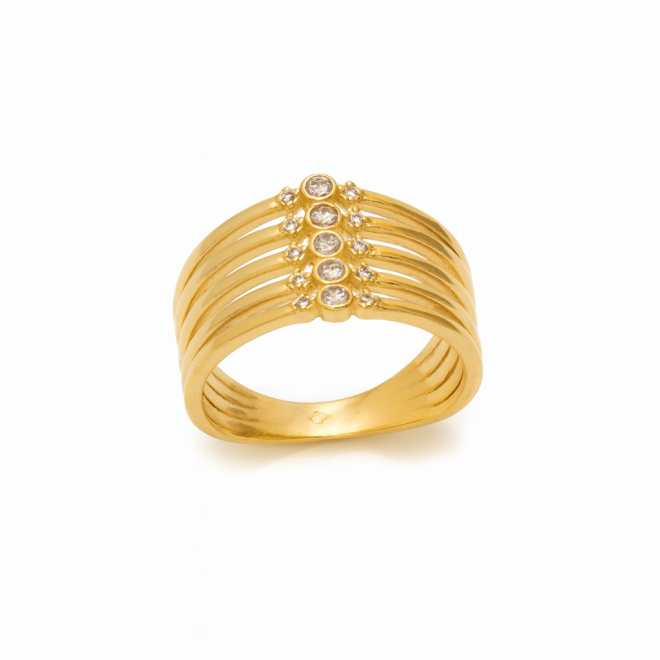 AN-00698 ANEL BANHADO A OURO 18K COM DESIGN DE MÚLTIPLOS AROS ENTRELAÇADOS