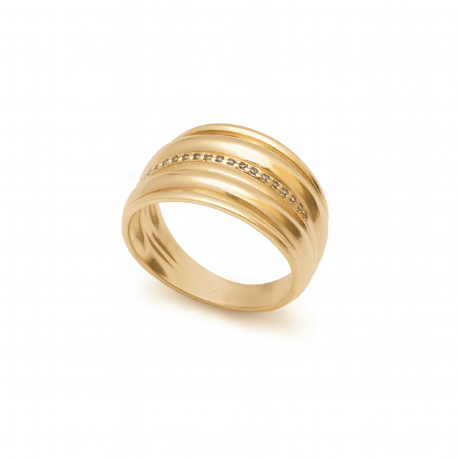 AN-00739 ANEL BANHADO A OURO 18K COM DESIGN ROBUSTO EM CAMADAS
