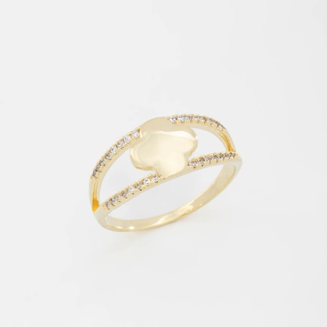 AN-01579 ANEL BANHADO A OURO 18K COM DETALHE CENTRAL DE TREVO E AROS