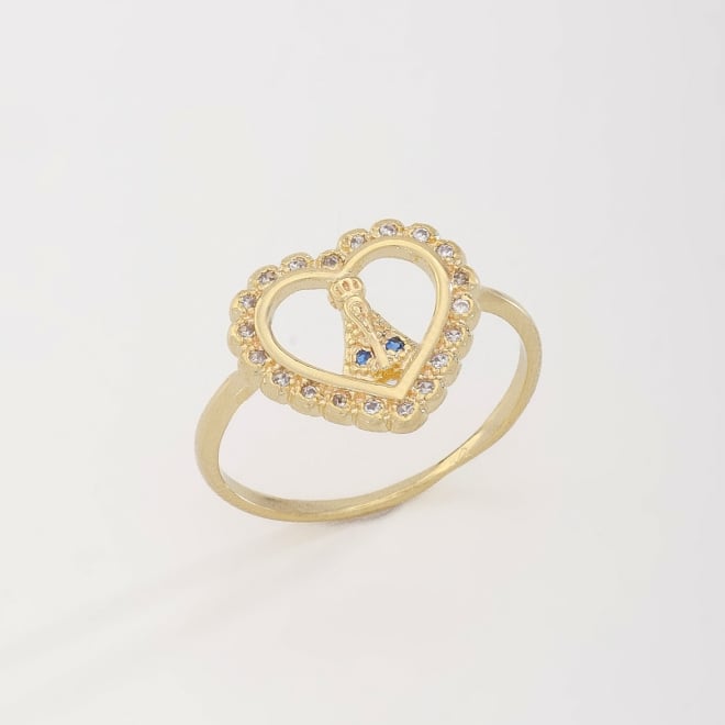 AN-01672 ANEL COM DETALHE DE NOSSA SENHORA DENTRO DE UM CORAÇÃO EM ZIRCÔNIAS