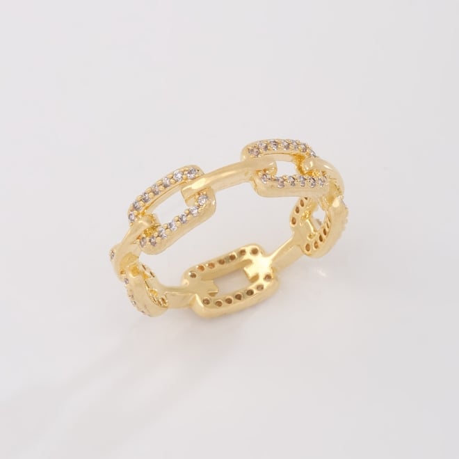 AN-01885 ANEL BANHADO A OURO 18K COM DESIGN EM ELOS ENTRELAÇADOS CRAVEJADOS