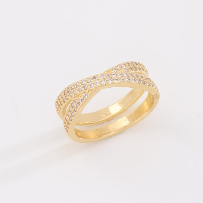 AN-01918 ANEL BANHADO A OURO 18K COM DESIGN CRUZADO EM ZIRCÔNIAS