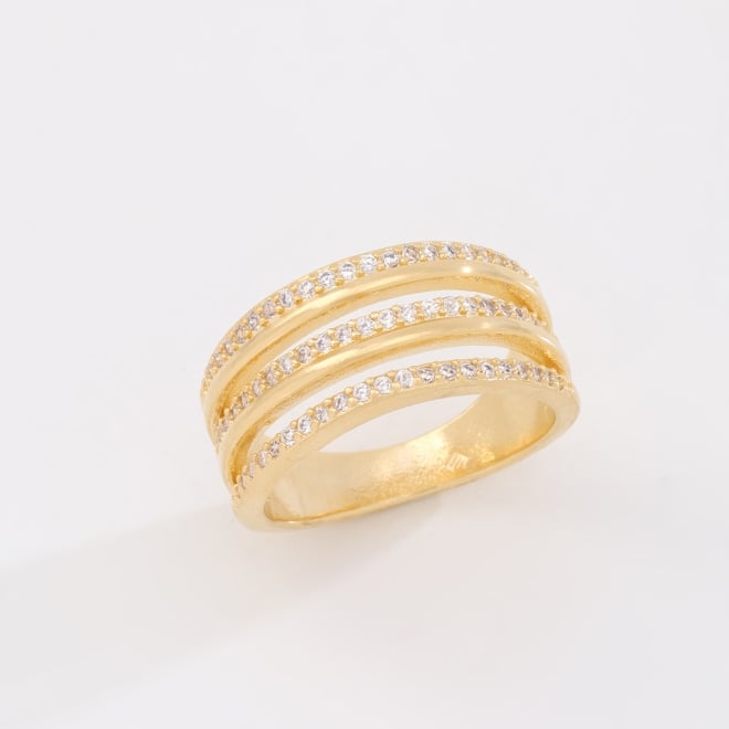 AN-01919 ANEL BANHADO A OURO 18K COM  TRÊS FILEIRAS E DETALHES CRAVEJADOS EM ZIRCÔNIAS