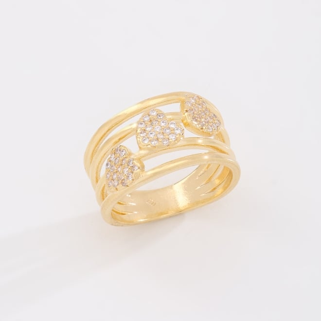 AN-01920 ANEL BANHADO A OURO 18K COM DESIGN EM TRÊS AROS E DETALHES EM CORAÇÕES
