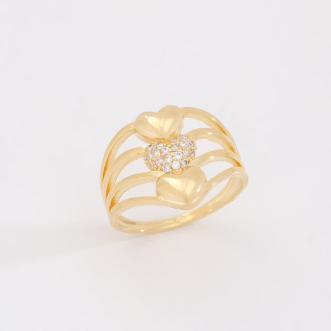 AN-01933 ANEL BANHADO A OURO 18K COM DESIGN DE ARO MÚLTIPLO E DETALHES EM CORAÇÕES COM ZIRCÔNIAS