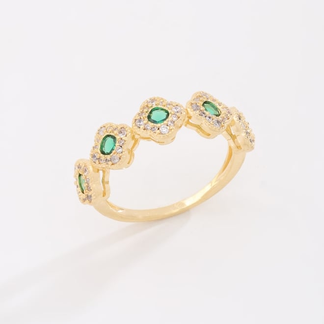 AN-01936 ANEL BANHADO A OURO 18K COM FLORES CRAVEJADAS EM ZIRCÔNIAS E PEDRAS OVAIS