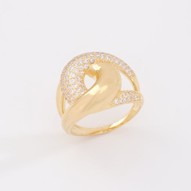 AN-01937 ANEL BANHADO A OURO 18K COM DESIGN ORGÂNICO E ENTRELAÇADO EM ZIRCÔNIA