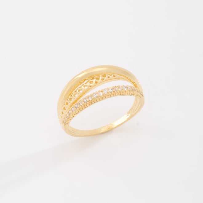 AN-01976 ANEL BANHADO A OURO 18K COM DESIGN EM CAMADAS E FILEIRA DE ZIRCÔNIAS