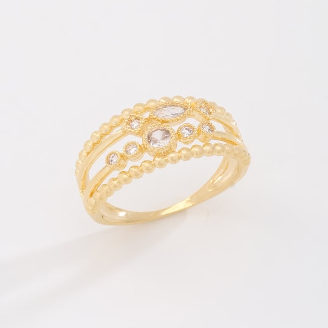 AN-01978 ANEL BANHADO A OURO 18K COM DESIGN EM ESFERAS E DETALHES CRAVEJADOS EM ZIRCÔNIAS