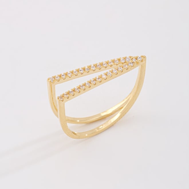 AN-01982 ANEL BANHADO A OURO 18K COM DESIGN DUPLO EM LINHAS CRAVEJADAS
