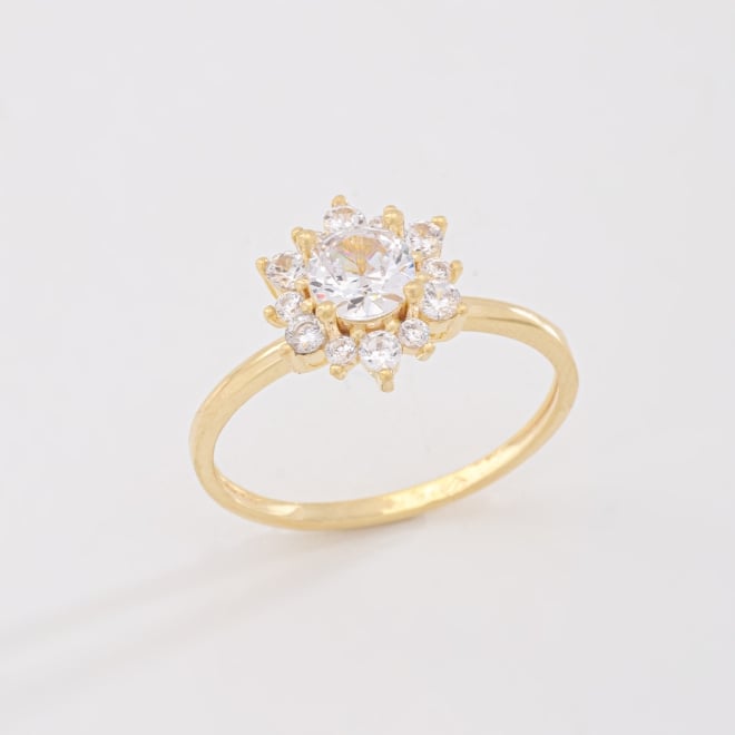 AN-01988 ANEL BANHADO A OURO 18K COM PEDRA CENTRAL E DETALHES AO REDOR CRAVEJADOS