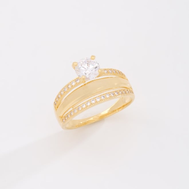 AN-01991 ANEL BANHADO A OURO 18K COM DESIGN DUPLO E ZIRCÔNIA