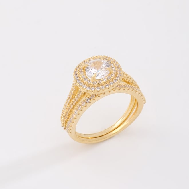 AN-02003 ANEL BANHADO A OURO 18K COM PEDRA REDONDA  E ARO TRIPLO CRAVEJADA EM ZIRCÔNIA