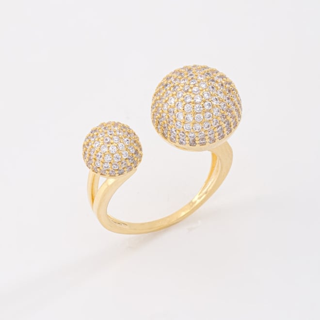 AN-02005 ANEL BANHADO A OURO 18K COM DESIGN ABERTO E DUAS ESFERAS CRAVEJADAS
