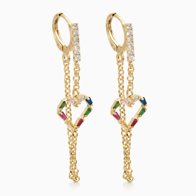 AQ-00114 BRINCO BANHADO A OURO 18K COM ARGOLA CRAVEJADA EM ZIRCÔNIAS, CORRENTES PENDENTES