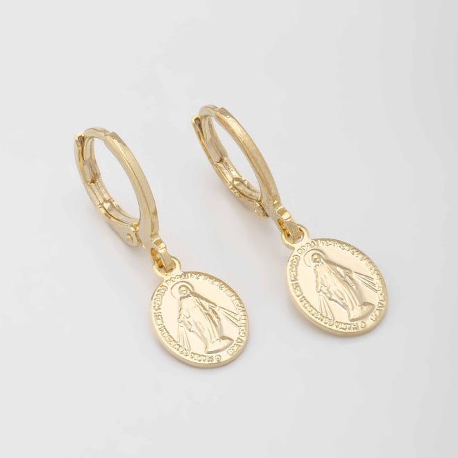 AQ-00129 BRINCO ARGOLA CLICK BANHADO A OURO 18K COM MEDALHA DE NOSSA SENHORA DAS GRAÇAS
