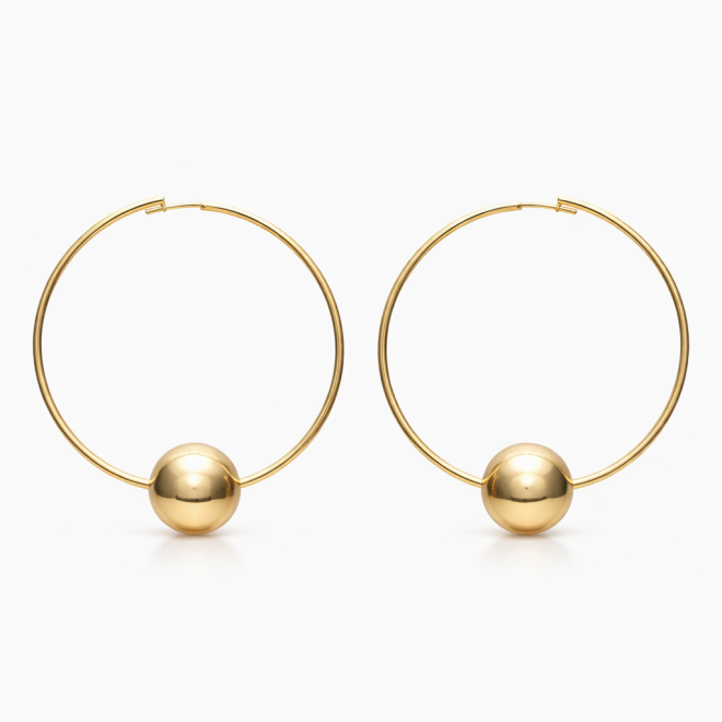 AQ-00132 BRINCO BANHADO A OURO 18K EM FORMATO DE ARGOLA COM ESFERA CENTRAL