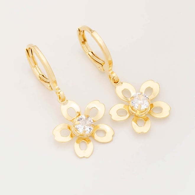 AQ-00214 BRINCO ARGOLA BANHADO A OURO 18K COM PINGENTE EM FORMATO DE FLOR E ZIRCÔNIA