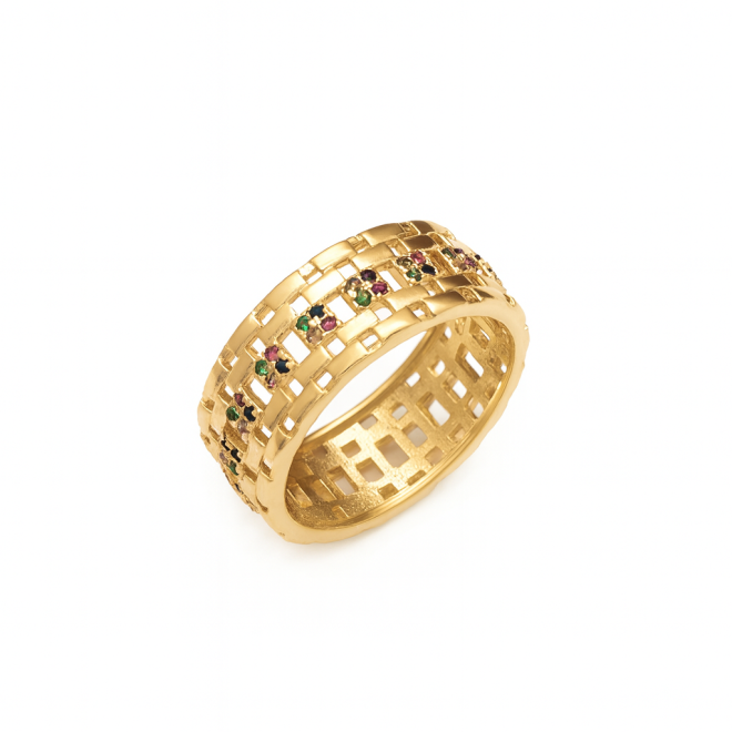 AX-00105 ANEL BANHADO A OURO 18K COM DESIGN TRABALHADO EM TIRAS VAZADAS