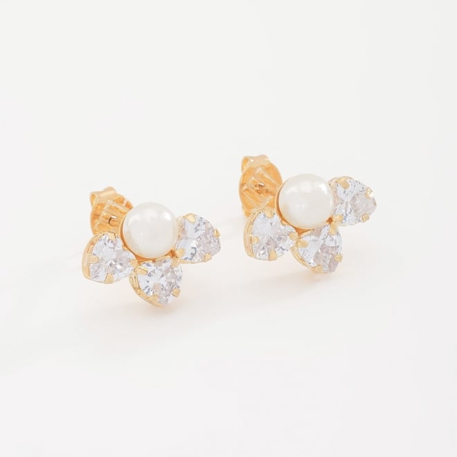 BR-00074 BRINCO BANHADO A OURO 18K COM PÉROLA CENTRAL E ZIRCÔNIAS EM FORMATO DE CORAÇÃO