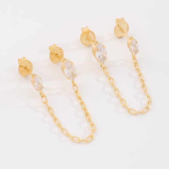 BR-00157 -BRINCO BANHADO A OURO 18K DUPLO COM PEDRAS NAVETE EM ZIRCÔNIA