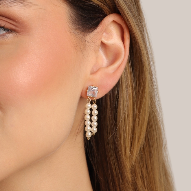 BR-00412 BRINCO BANHADO A OURO 18K COM PEDRA EM ZIRCÔNIA E DETALHES EM PÉROLAS