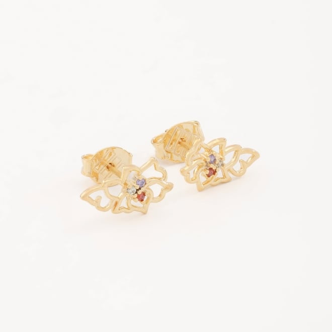 BR-00617 BRINCO BANHADO A OURO 18K COM DESIGN DE BORBOLETA VAZADA E DETALHES EM ZIRCÔNIAS