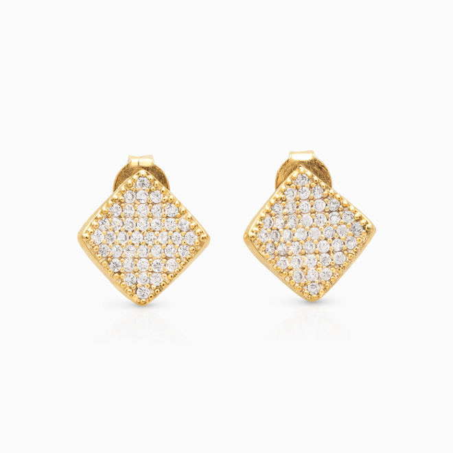 BR-00691 BRINCO BANHADO A OURO 18K EM FORMATO QUADRADO CRAVEJADO EM ZIRCÔNIAS