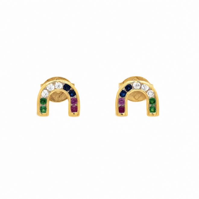 BR-00740 BRINCO BANHADO A OURO 18K EM FORMATO DE FERRADURA COM ZIRC&Ocirc;NIAS COLORIDAS