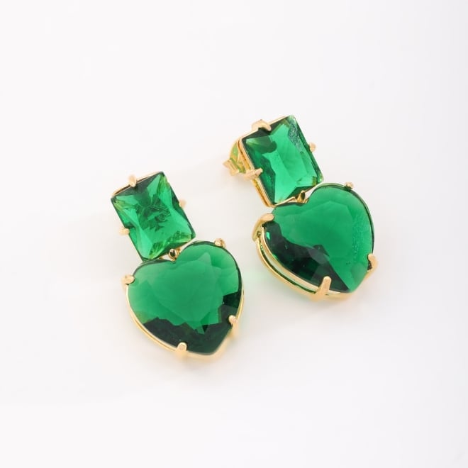 BR-00771 BRINCO BANHADO A OURO 18K COM PEDRA SUPERIOR EM FORMATO RETANGULAR E PINGENTE CORAÇÃO