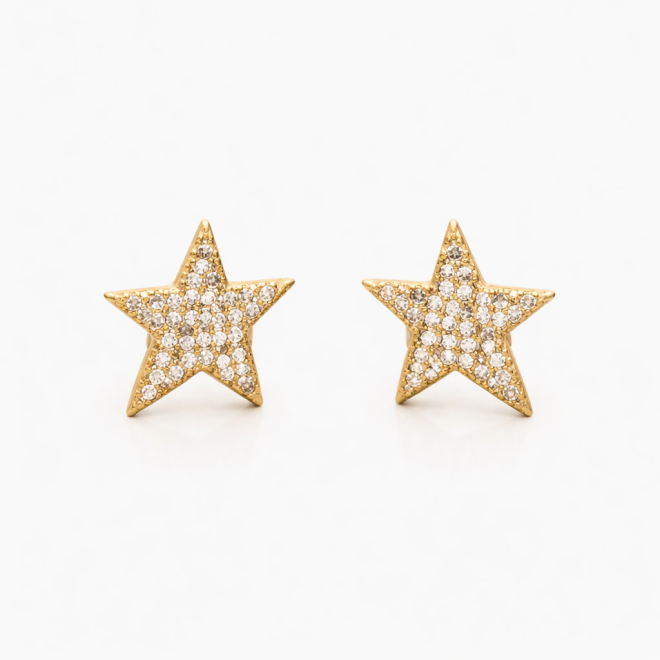 BR-00902 BRINCO BANHADO A OURO 18K EM FORMATO DE ESTRELA COM ZIRC&Ocirc;NIAS