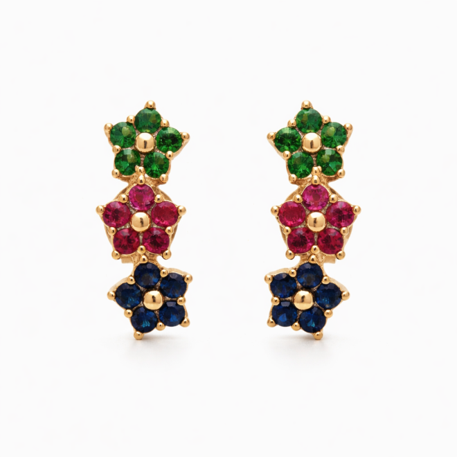 BR-00998 BRINCO EAR CUFF BANHADO A OURO 18K COM FLORES EM ZIRC&Ocirc;NIAS COLORIDAS