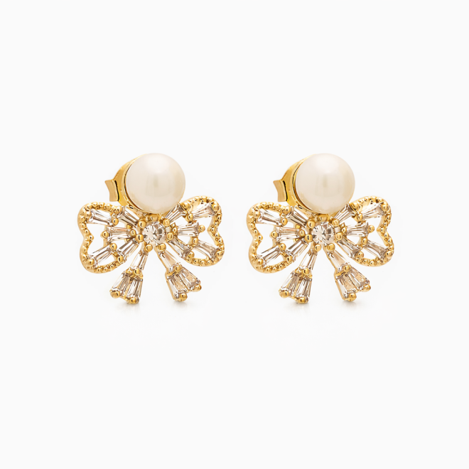 BR-01035 BRINCO BANHADO A OURO 18K COM PÉROLA E DESIGN EM LAÇO EM ZIRCÔNIAS