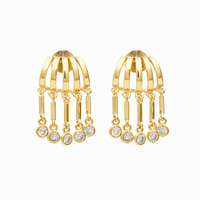 BR-01059 BRINCO BANHADO A OURO 18K COM DESIGN EM ARCOS E PINGENTES EM ZIRCÔNIAS