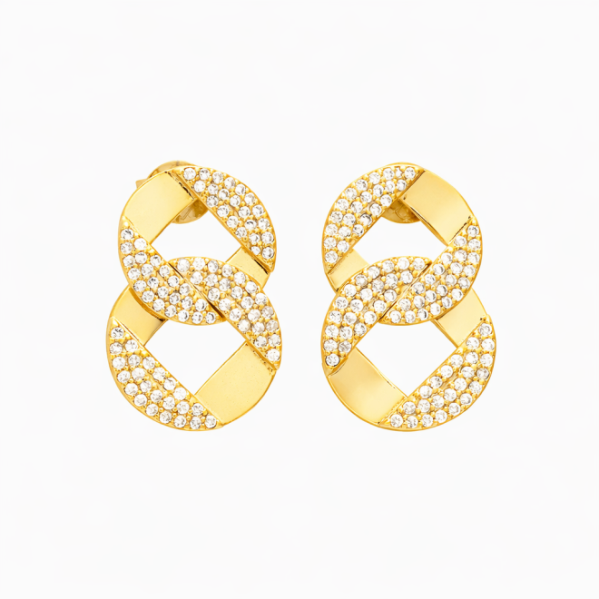 BR-01088 BRINCO BANHADO A OURO 18K COM DESIGN ENTRELAÇADO E DETALHES EM ZIRCÔNIAS