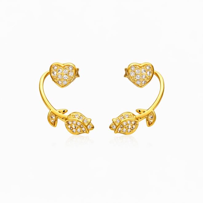 BR-01147 BRINCO BANHADO A OURO 18K COM DESIGN DE CORAÇÃO E FLOR EM ZIRCÔNIAS 