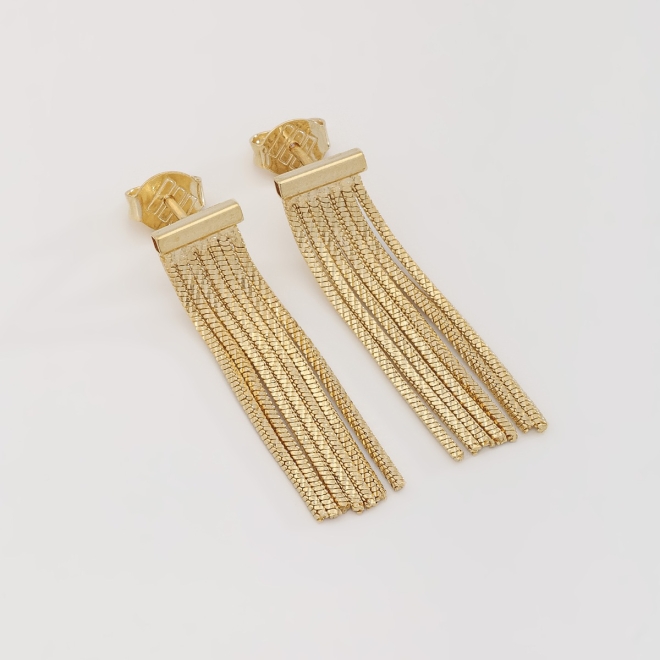 BR-01883 BRINCO BANHADO A OURO 18K COM DESIGN EM FRANJAS DE CORRENTES DELICADAS