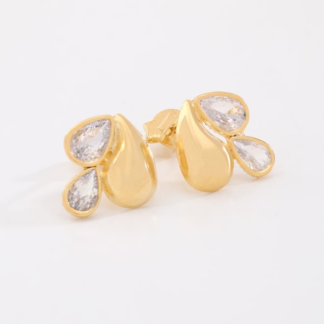 BR-02117 BRINCO BANHADO A OURO 18K COM DESIGN ORGÂNICO E GOTAS EM ZIRCÔNIAS