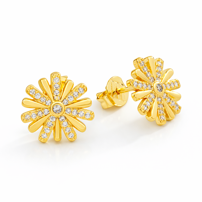 BR-02126 BRINCO BANHADO A OURO 18K EM FORMATO DE FLOR COM PÉTALAS ALTERNADAS EM ZIRCÔNIAS