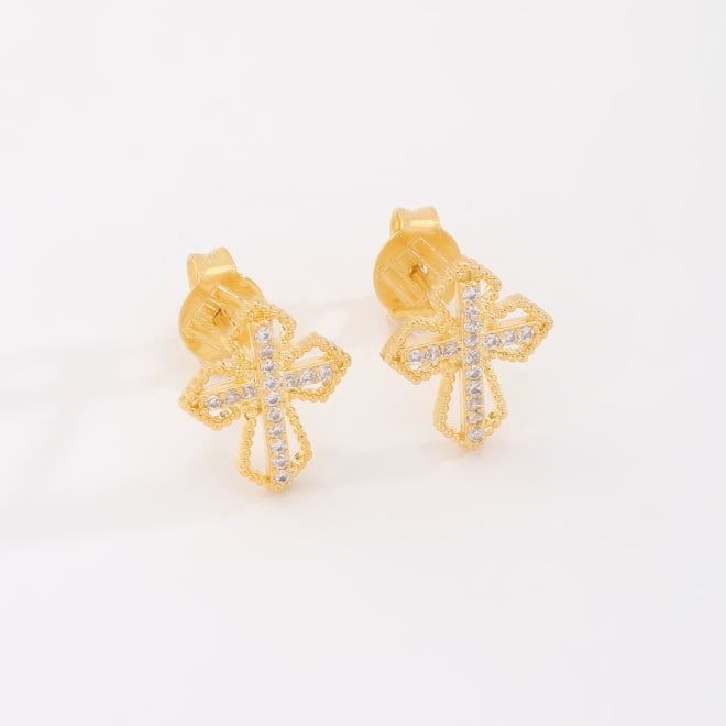 BR-02129 BRINCO BANHADO A OURO 18K DE CRUZ COM DETALHES CRAVEJADOS