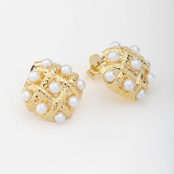 BR-02206 - BRINCO BANHADO A OURO 18K COM DESIGN TEXTURIZADO E DETALHES EM PÉROLAS
