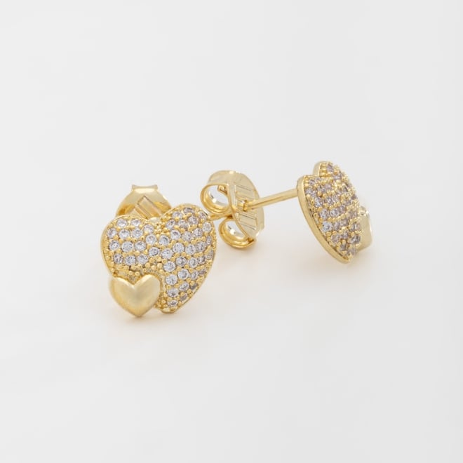 BR-02330-BRINCO BANHADO A OURO 18K EM FORMATO DE CORAÇÃO COM DETALHES CRAVEJADOS
